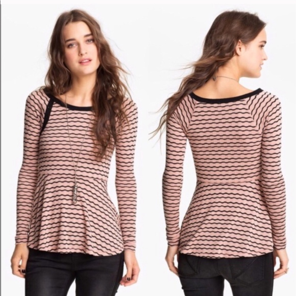Free People Pink and Black striped Peplum Top